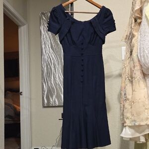 Blue Sheath Midi Dress with Puff Sleeves and Sweetheart Neckline